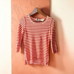 Anthropologie Coral White Striped Knit Sweater XS 3/4 Sleeve